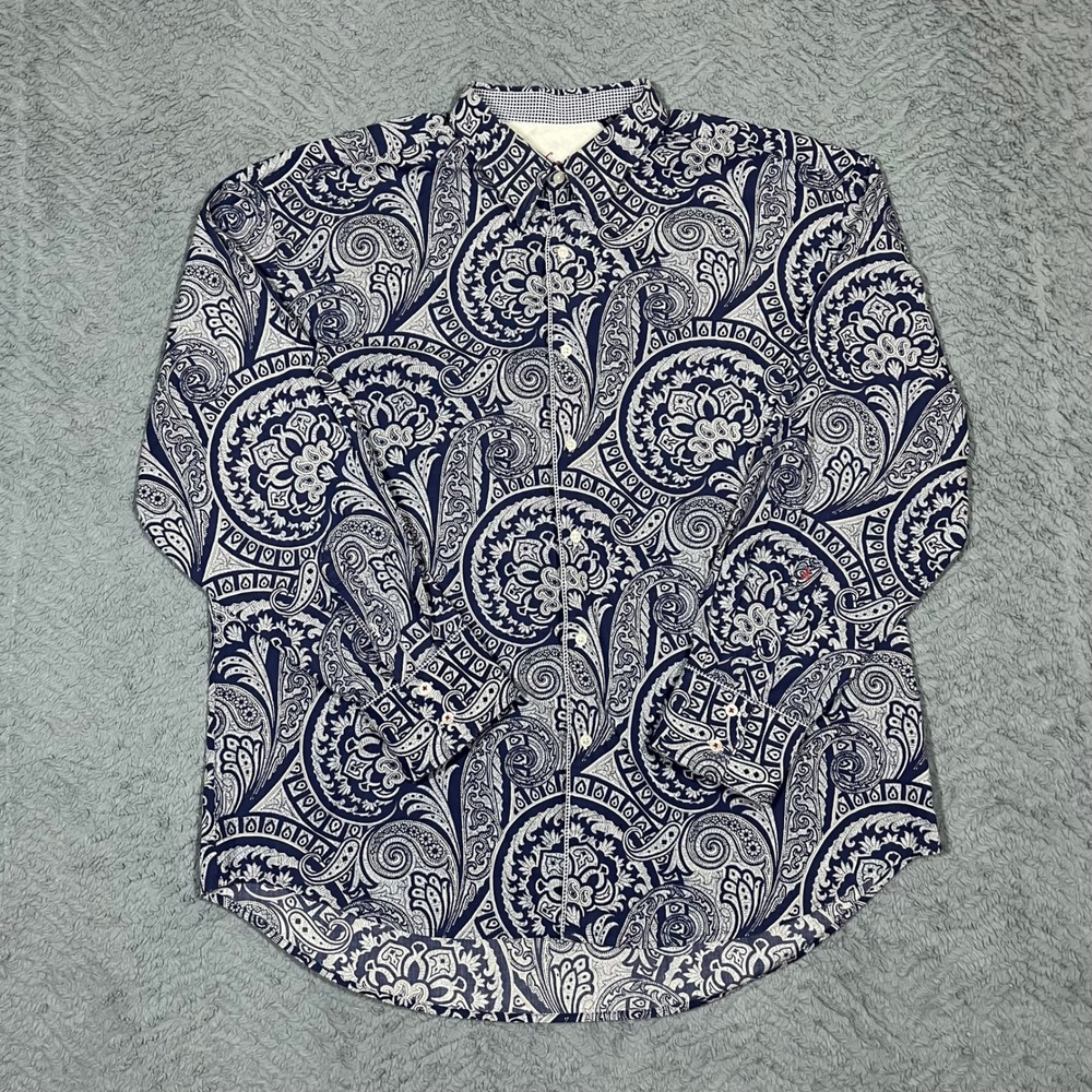 Robert Graham Blue White Paisley Jacquard Button Up Shirt Mens 3XL Embroidered